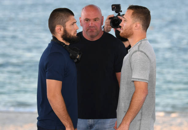 ABU DHABI, UNITED ARAB EMIRATES - OCTOBER 21: (L-R) Opponents Khabib Nurmagomedov of Russia and Justin Gaethje face off during the UFC 254 press conference at Yas Beach on October 21, 2020 on UFC Fight Island, Abu Dhabi, United Arab Emirates. (Photo by Josh Hedges/Zuffa LLC)