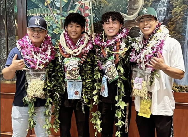 Seniors Yamaguchi (University of Nevada-Reno) and Chun (Tulane University) celebrate with Mid-Pac players at the recent Signing Day event.