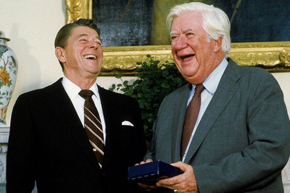 U.S. News & World Report. 
President Reagan and Speaker of the House Tip O'Neill sharing a laugh after the signing of legislation on Social Security in 1983.